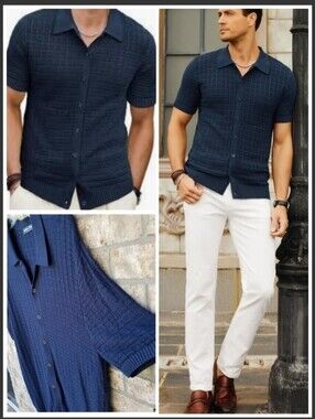 PJ Paul Jones NAVY Knitted LightWeight Shirt (Large) Texture ShortSleeve Golf